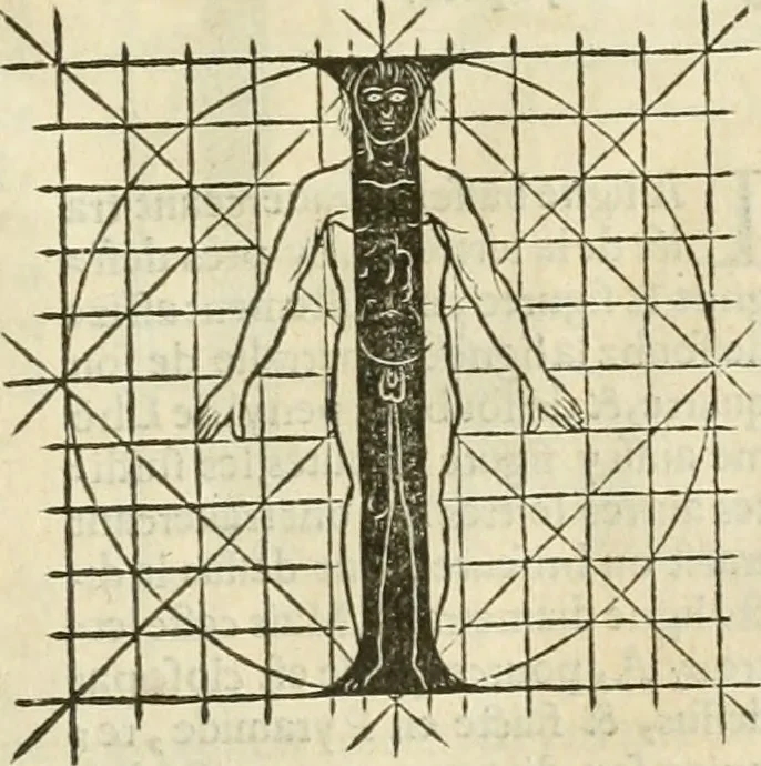 An illustration from Champ fleury : au quel est contenu lart & science de la deue & vraye proportio[n] des lettres attiques, quo[n] dit autreme[n]t lettres antiques, & vulgairement lettres romaines proportionnes selon le corps & visage humain ..., 1529, leaf 54