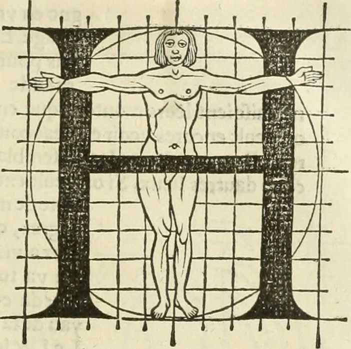 An illustration from Champ fleury : au quel est contenu lart & science de la deue & vraye proportio[n] des lettres attiques, quo[n] dit autreme[n]t lettres antiques, & vulgairement lettres romaines proportionnes selon le corps & visage humain ..., 1529, leaf 56