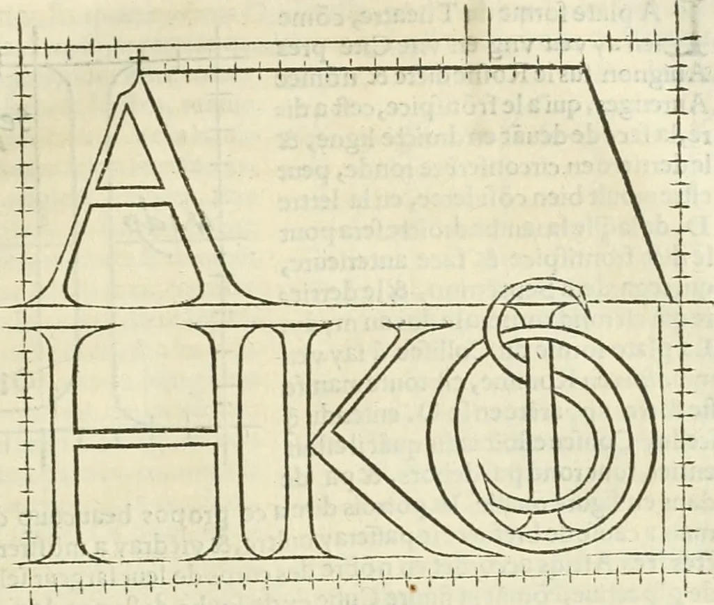 An illustration from Champ fleury : au quel est contenu lart & science de la deue & vraye proportio[n] des lettres attiques, quo[n] dit autreme[n]t lettres antiques, & vulgairement lettres romaines proportionnes selon le corps & visage humain ..., 1529, leaf 58