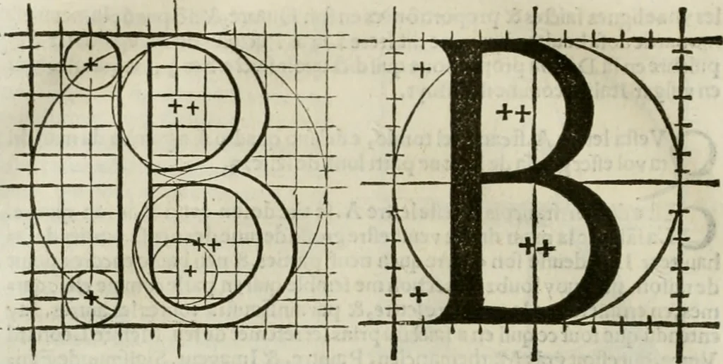 An illustration from Champ fleury : au quel est contenu lart & science de la deue & vraye proportio[n] des lettres attiques, quo[n] dit autreme[n]t lettres antiques, & vulgairement lettres romaines proportionnes selon le corps & visage humain ..., 1529, leaf 89