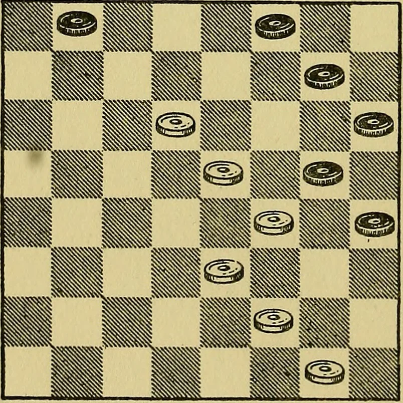 An illustration from Checker classics; the expert's handbook of American match games with analyses, notes, and diagrams, 1922, leaf 69