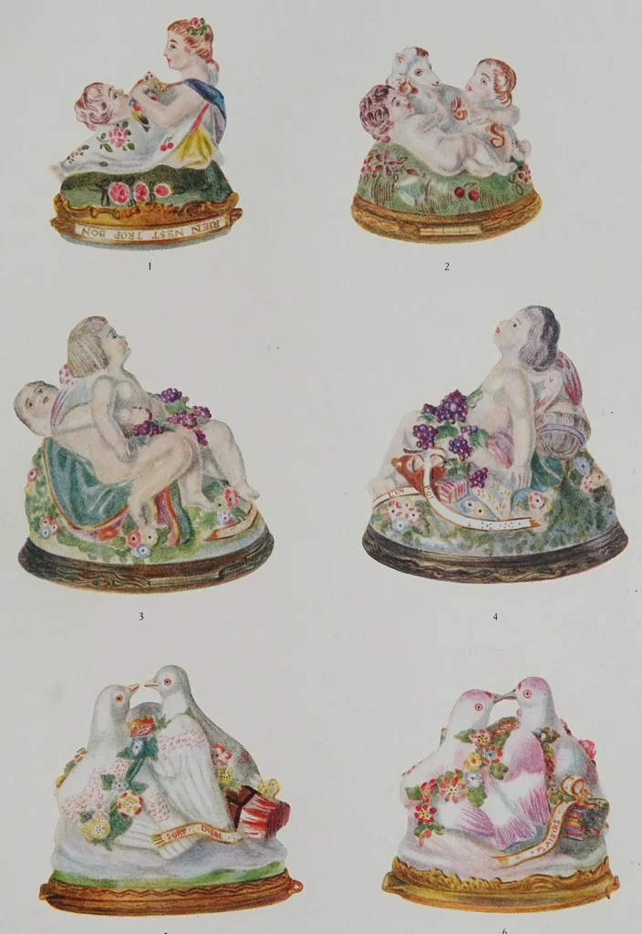 An illustration from The Chelsea porcelain toys : scent-bottles, bonbonnieres, etuis, seals and statuettes, made at the Chelsea factory, 1745-1769, & Derby, Chelsea, 1770-1784, 1925, leaf 359