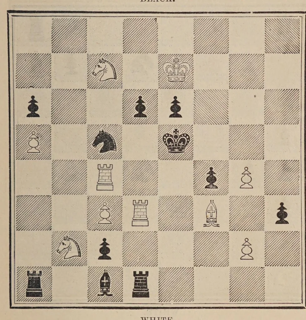 An illustration from The chess-players' manual : containing the laws of the game according to the revised code laid down by the British chess association in 1862, 1888, leaf 875