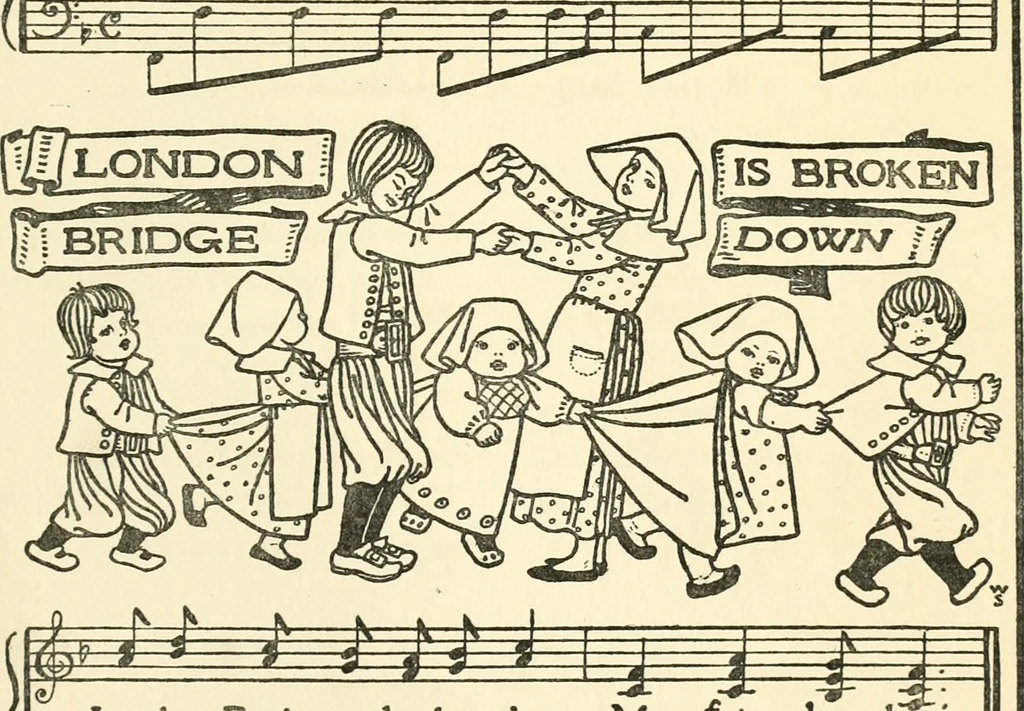 An illustration from Children's singing games, with the tunes to which they are sung, 1900, leaf 18