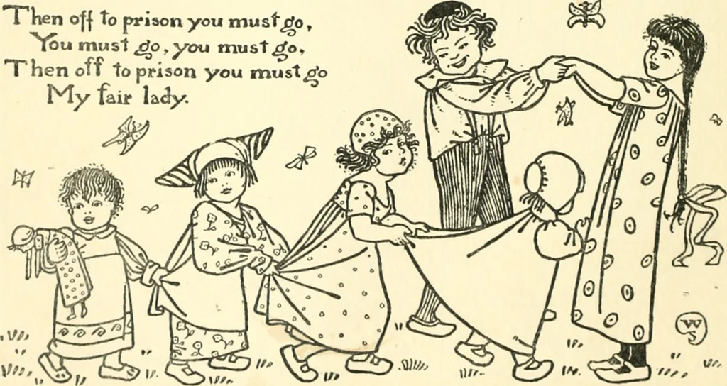 An illustration from Children's singing games, with the tunes to which they are sung, 1900, leaf 21