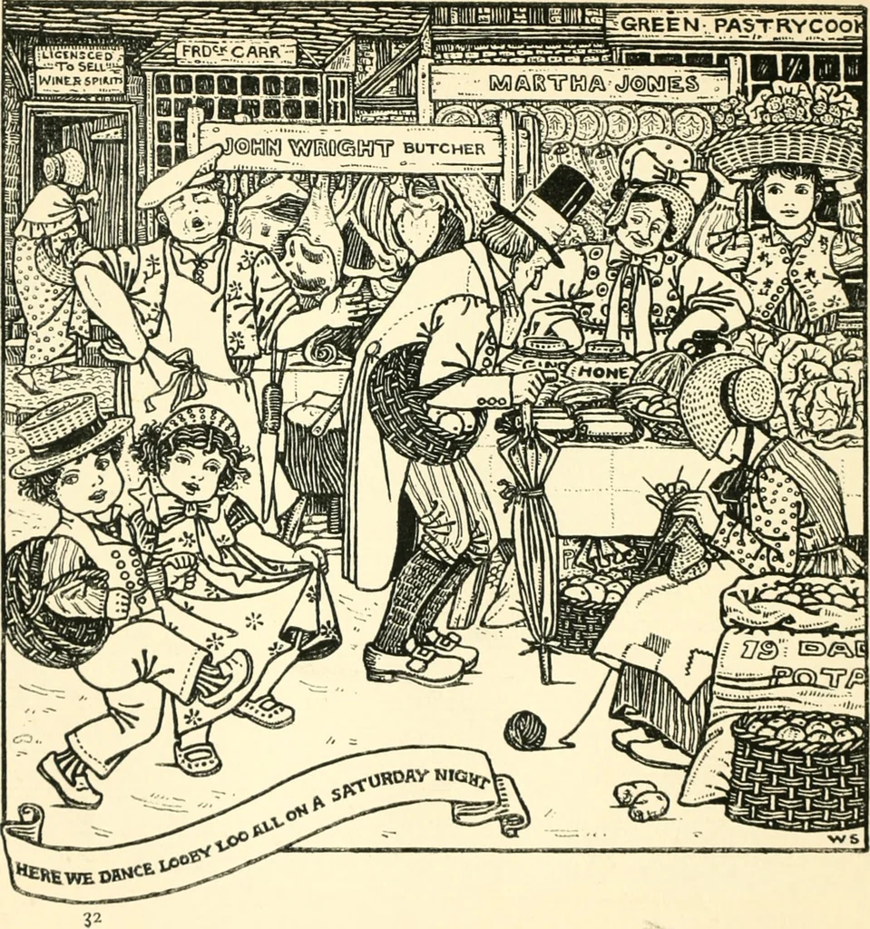 An illustration from Children's singing games, with the tunes to which they are sung, 1900, leaf 35