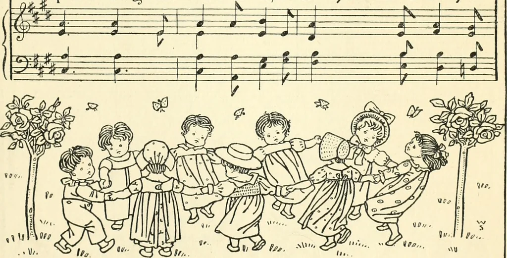An illustration from Children's singing games, with the tunes to which they are sung, 1900, leaf 56
