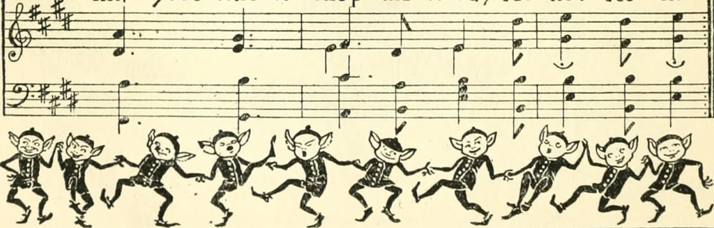 An illustration from Children's singing games, with the tunes to which they are sung, 1900, leaf 57