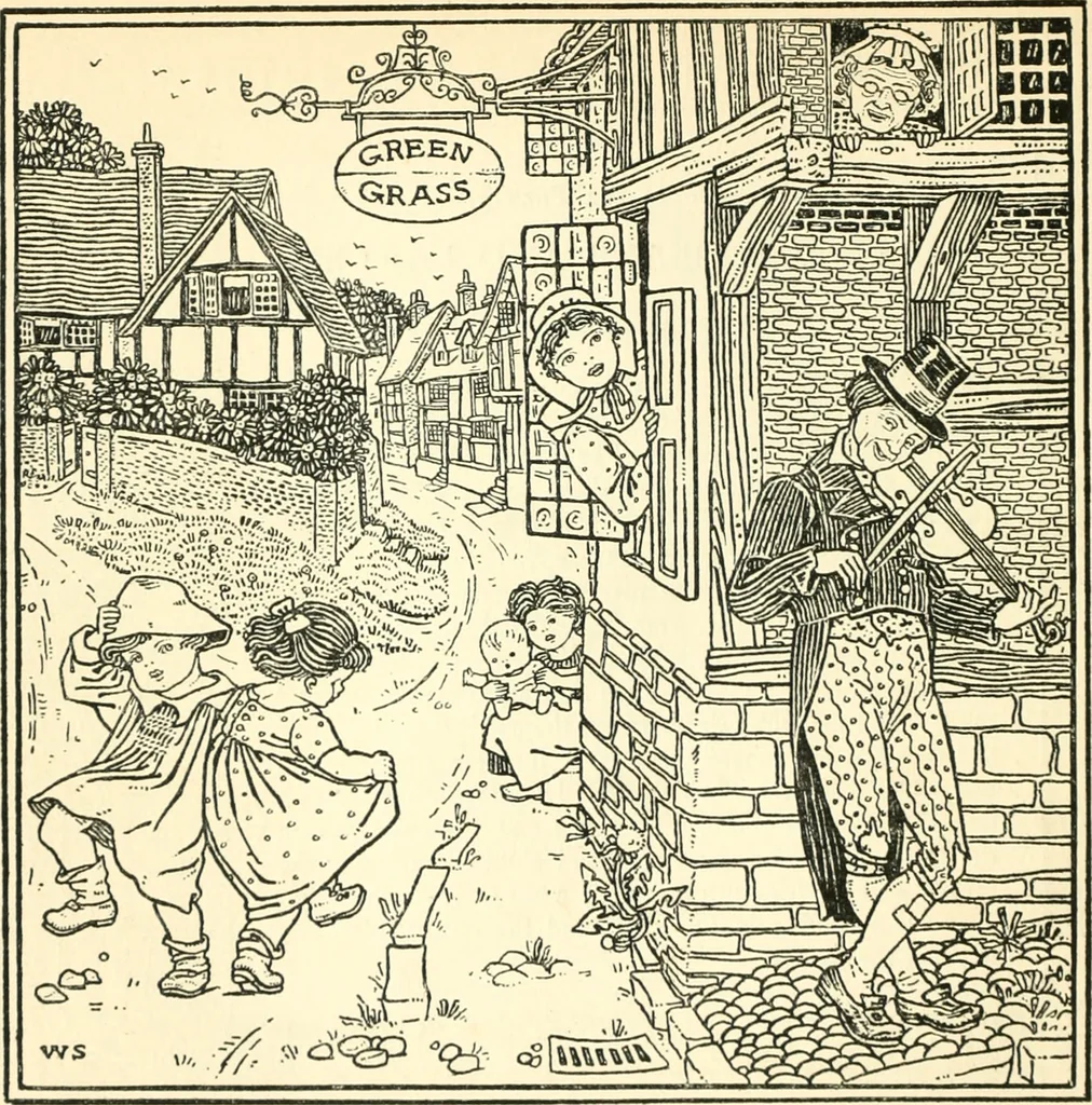 An illustration from Children's singing games, with the tunes to which they are sung, 1900, leaf 59