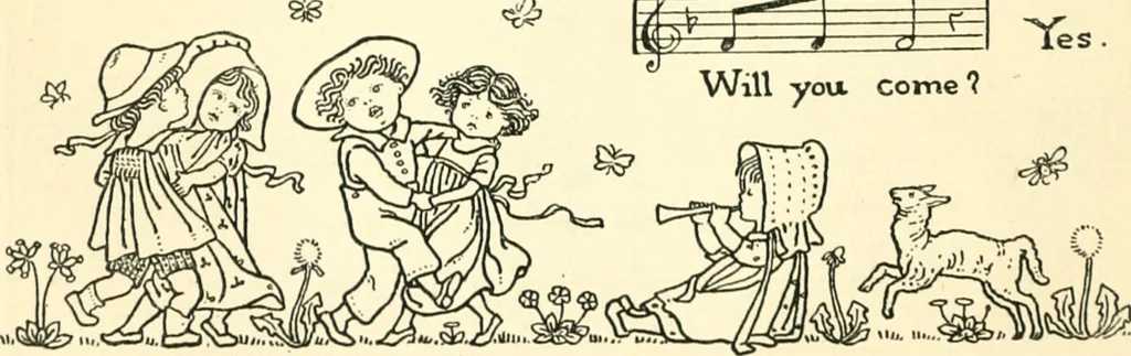 An illustration from Children's singing games, with the tunes to which they are sung, 1900, leaf 63