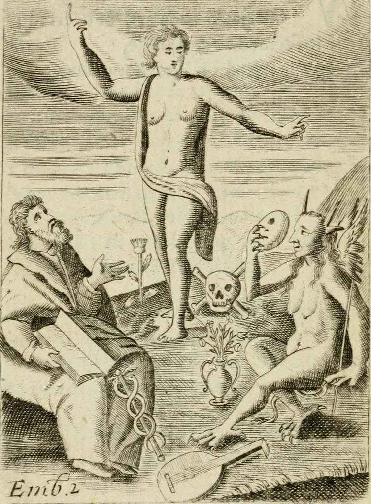 An illustration from Choice emblems, divine and moral, antient and modern, or, Delights for the ingenious, in above fifty select emblems , curiously ingraven upon copper-plates : with fifty pleasant poems and lots, by way of lottery, for illustrating each emblem to promote instruction and good counsel by diverting recreation, 1732, leaf 31