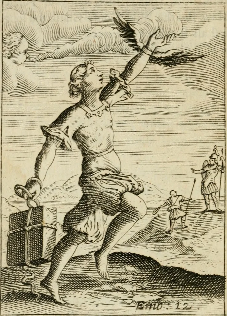 An illustration from Choice emblems, divine and moral, antient and modern, or, Delights for the ingenious, in above fifty select emblems , curiously ingraven upon copper-plates : with fifty pleasant poems and lots, by way of lottery, for illustrating each emblem to promote instruction and good counsel by diverting recreation, 1732, leaf 71