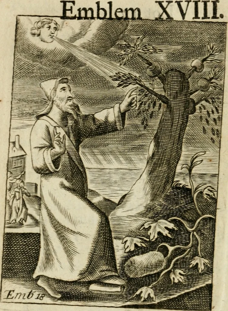 An illustration from Choice emblems, divine and moral, antient and modern, or, Delights for the ingenious, in above fifty select emblems , curiously ingraven upon copper-plates : with fifty pleasant poems and lots, by way of lottery, for illustrating each emblem to promote instruction and good counsel by diverting recreation, 1732, leaf 95