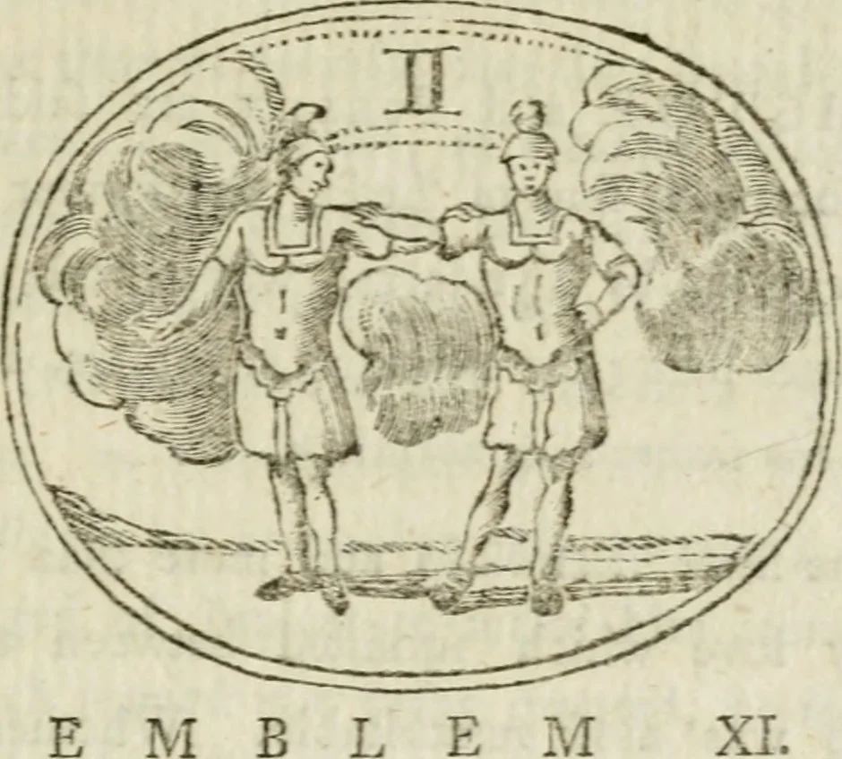An illustration from Choice emblems : natural, historical, fabulous, moral and divine, for the improvement and pastime of youth : ornamented with near fifty handsome allegorical engravings, designed on purpose for this work : with pleasing and familiar descriptions to each, in prose and verse, serving to display the beauties and morals of the ancient fabulists : the whole calculated to convey the golden lessons of instruction under a new and more delightful dress : written for the amusement of the right honorable Lord Newbattle, 1772, leaf 58