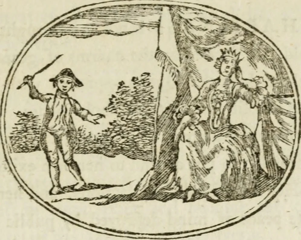 An illustration from Choice emblems : natural, historical, fabulous, moral and divine, for the improvement and pastime of youth : ornamented with near fifty handsome allegorical engravings, designed on purpose for this work : with pleasing and familiar descriptions to each, in prose and verse, serving to display the beauties and morals of the ancient fabulists : the whole calculated to convey the golden lessons of instruction under a new and more delightful dress : written for the amusement of the right honorable Lord Newbattle, 1772, leaf 66