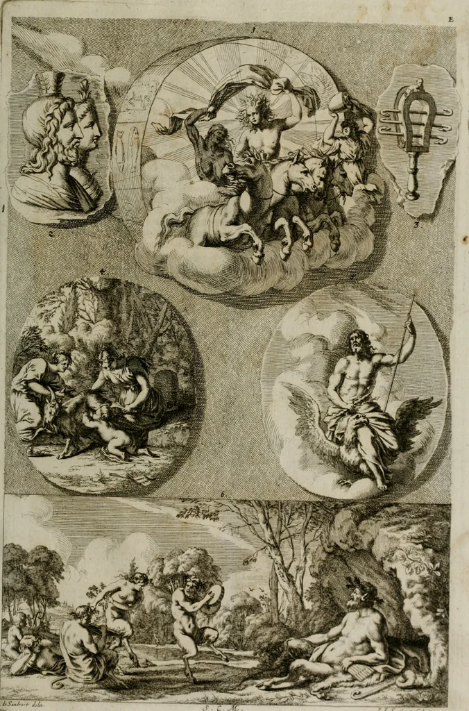 An illustration from Iconologia deorum, oder Abbildung der Götter : welche von den alten verehret Worden ; ais dem Welt-berümtesten Antichen der Griechischen und Römischen Statuen, auch in Marmel, Porfido-Stein, Metall, Agat, Onyx, Sardonich und andren Edelsteinen befindlichen Bildereyen, sorgfältig abgesehen, samt dero eigentlicher Beschreibung und Erklärung der Heidnischen Tempel-Ceremonien, auch Vorbildung der thiere und anderer Sachen, die auf hieroglyphische und emblematische Art, nach Weise der Egyptischen Schrifften, schicklich können vorgebracht und auf einen gewissen Verstand gerichtet werden ; deme allem vorgefügt ist, des durchleuchtigen Palm-Ordens der Hochlöbl. fruchtbringenden Gesellschaft auf dem Parnass aufgestellter ehren-Tempel, 1680, leaf 106