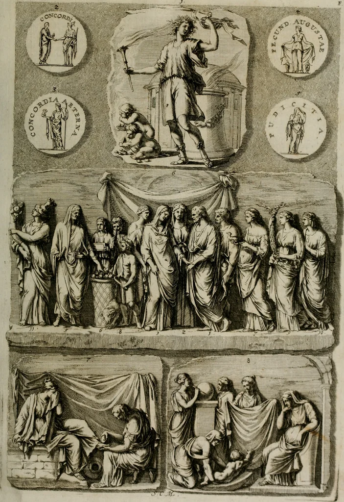 An illustration from Iconologia deorum, oder Abbildung der Götter : welche von den alten verehret Worden ; ais dem Welt-berümtesten Antichen der Griechischen und Römischen Statuen, auch in Marmel, Porfido-Stein, Metall, Agat, Onyx, Sardonich und andren Edelsteinen befindlichen Bildereyen, sorgfältig abgesehen, samt dero eigentlicher Beschreibung und Erklärung der Heidnischen Tempel-Ceremonien, auch Vorbildung der thiere und anderer Sachen, die auf hieroglyphische und emblematische Art, nach Weise der Egyptischen Schrifften, schicklich können vorgebracht und auf einen gewissen Verstand gerichtet werden ; deme allem vorgefügt ist, des durchleuchtigen Palm-Ordens der Hochlöbl. fruchtbringenden Gesellschaft auf dem Parnass aufgestellter ehren-Tempel, 1680, leaf 124