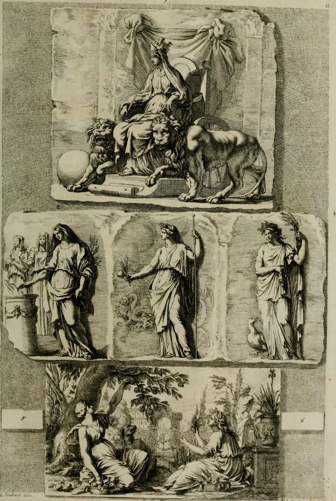 An illustration from Iconologia deorum, oder Abbildung der Götter : welche von den alten verehret Worden ; ais dem Welt-berümtesten Antichen der Griechischen und Römischen Statuen, auch in Marmel, Porfido-Stein, Metall, Agat, Onyx, Sardonich und andren Edelsteinen befindlichen Bildereyen, sorgfältig abgesehen, samt dero eigentlicher Beschreibung und Erklärung der Heidnischen Tempel-Ceremonien, auch Vorbildung der thiere und anderer Sachen, die auf hieroglyphische und emblematische Art, nach Weise der Egyptischen Schrifften, schicklich können vorgebracht und auf einen gewissen Verstand gerichtet werden ; deme allem vorgefügt ist, des durchleuchtigen Palm-Ordens der Hochlöbl. fruchtbringenden Gesellschaft auf dem Parnass aufgestellter ehren-Tempel, 1680, leaf 136