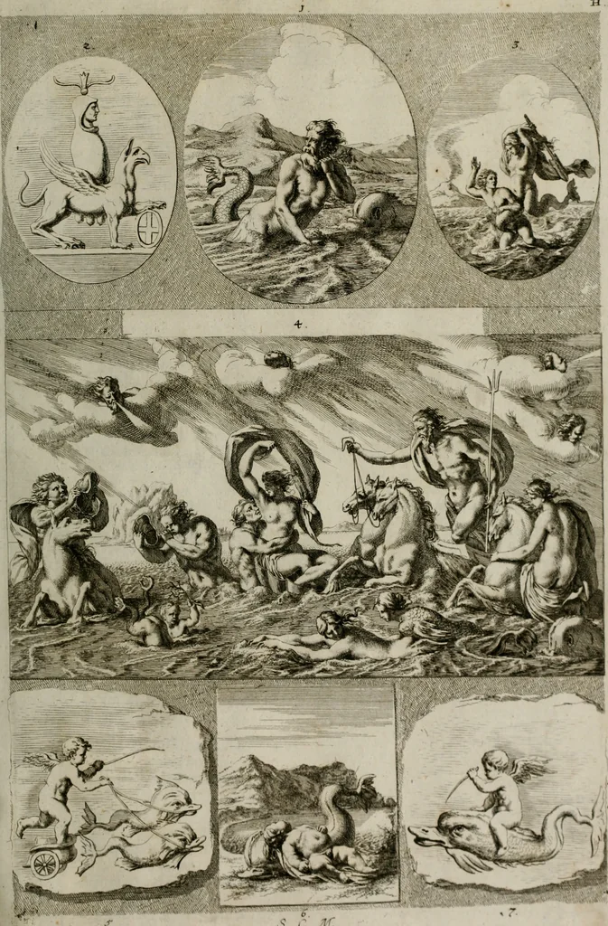 An illustration from Iconologia deorum, oder Abbildung der Götter : welche von den alten verehret Worden ; ais dem Welt-berümtesten Antichen der Griechischen und Römischen Statuen, auch in Marmel, Porfido-Stein, Metall, Agat, Onyx, Sardonich und andren Edelsteinen befindlichen Bildereyen, sorgfältig abgesehen, samt dero eigentlicher Beschreibung und Erklärung der Heidnischen Tempel-Ceremonien, auch Vorbildung der thiere und anderer Sachen, die auf hieroglyphische und emblematische Art, nach Weise der Egyptischen Schrifften, schicklich können vorgebracht und auf einen gewissen Verstand gerichtet werden ; deme allem vorgefügt ist, des durchleuchtigen Palm-Ordens der Hochlöbl. fruchtbringenden Gesellschaft auf dem Parnass aufgestellter ehren-Tempel, 1680, leaf 150