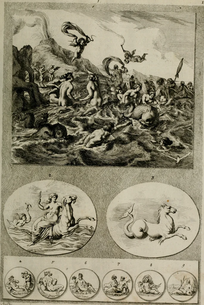 An illustration from Iconologia deorum, oder Abbildung der Götter : welche von den alten verehret Worden ; ais dem Welt-berümtesten Antichen der Griechischen und Römischen Statuen, auch in Marmel, Porfido-Stein, Metall, Agat, Onyx, Sardonich und andren Edelsteinen befindlichen Bildereyen, sorgfältig abgesehen, samt dero eigentlicher Beschreibung und Erklärung der Heidnischen Tempel-Ceremonien, auch Vorbildung der thiere und anderer Sachen, die auf hieroglyphische und emblematische Art, nach Weise der Egyptischen Schrifften, schicklich können vorgebracht und auf einen gewissen Verstand gerichtet werden ; deme allem vorgefügt ist, des durchleuchtigen Palm-Ordens der Hochlöbl. fruchtbringenden Gesellschaft auf dem Parnass aufgestellter ehren-Tempel, 1680, leaf 158