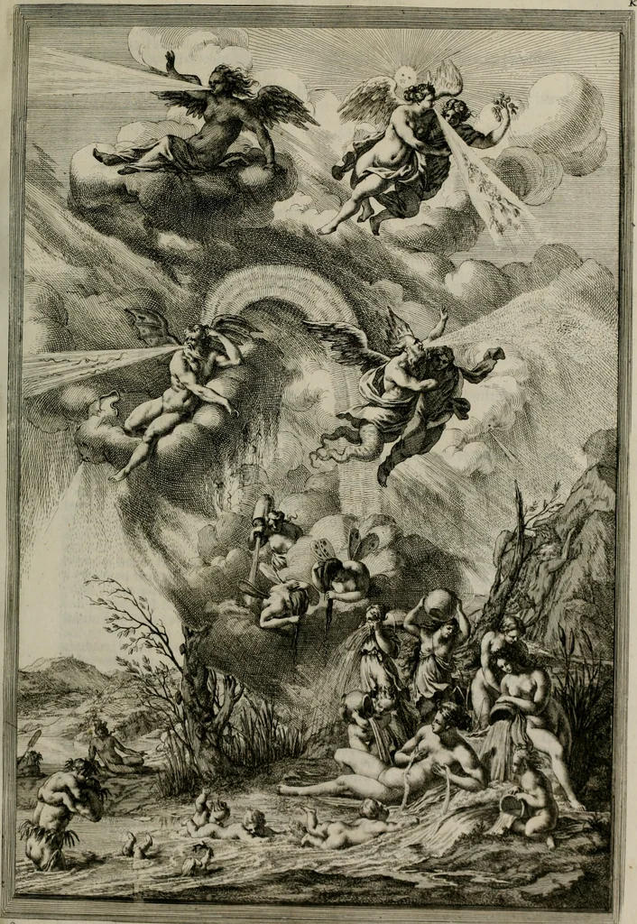 An illustration from Iconologia deorum, oder Abbildung der Götter : welche von den alten verehret Worden ; ais dem Welt-berümtesten Antichen der Griechischen und Römischen Statuen, auch in Marmel, Porfido-Stein, Metall, Agat, Onyx, Sardonich und andren Edelsteinen befindlichen Bildereyen, sorgfältig abgesehen, samt dero eigentlicher Beschreibung und Erklärung der Heidnischen Tempel-Ceremonien, auch Vorbildung der thiere und anderer Sachen, die auf hieroglyphische und emblematische Art, nach Weise der Egyptischen Schrifften, schicklich können vorgebracht und auf einen gewissen Verstand gerichtet werden ; deme allem vorgefügt ist, des durchleuchtigen Palm-Ordens der Hochlöbl. fruchtbringenden Gesellschaft auf dem Parnass aufgestellter ehren-Tempel, 1680, leaf 162