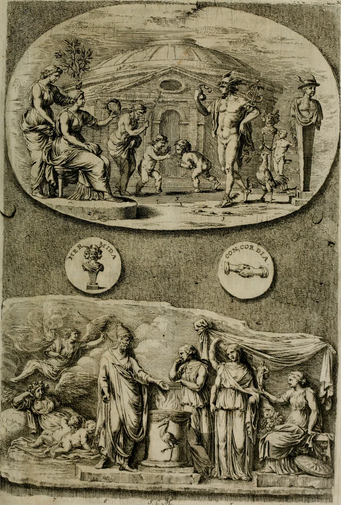 An illustration from Iconologia deorum, oder Abbildung der Götter : welche von den alten verehret Worden ; ais dem Welt-berümtesten Antichen der Griechischen und Römischen Statuen, auch in Marmel, Porfido-Stein, Metall, Agat, Onyx, Sardonich und andren Edelsteinen befindlichen Bildereyen, sorgfältig abgesehen, samt dero eigentlicher Beschreibung und Erklärung der Heidnischen Tempel-Ceremonien, auch Vorbildung der thiere und anderer Sachen, die auf hieroglyphische und emblematische Art, nach Weise der Egyptischen Schrifften, schicklich können vorgebracht und auf einen gewissen Verstand gerichtet werden ; deme allem vorgefügt ist, des durchleuchtigen Palm-Ordens der Hochlöbl. fruchtbringenden Gesellschaft auf dem Parnass aufgestellter ehren-Tempel, 1680, leaf 184