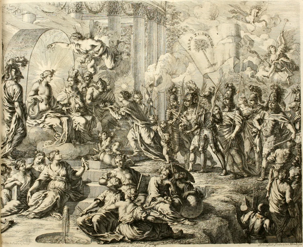 An illustration from Iconologia deorum, oder Abbildung der Götter : welche von den alten verehret Worden ; ais dem Welt-berümtesten Antichen der Griechischen und Römischen Statuen, auch in Marmel, Porfido-Stein, Metall, Agat, Onyx, Sardonich und andren Edelsteinen befindlichen Bildereyen, sorgfältig abgesehen, samt dero eigentlicher Beschreibung und Erklärung der Heidnischen Tempel-Ceremonien, auch Vorbildung der thiere und anderer Sachen, die auf hieroglyphische und emblematische Art, nach Weise der Egyptischen Schrifften, schicklich können vorgebracht und auf einen gewissen Verstand gerichtet werden ; deme allem vorgefügt ist, des durchleuchtigen Palm-Ordens der Hochlöbl. fruchtbringenden Gesellschaft auf dem Parnass aufgestellter ehren-Tempel, 1680, leaf 19
