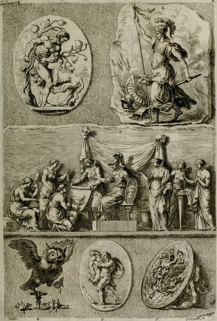 An illustration from Iconologia deorum, oder Abbildung der Götter : welche von den alten verehret Worden ; ais dem Welt-berümtesten Antichen der Griechischen und Römischen Statuen, auch in Marmel, Porfido-Stein, Metall, Agat, Onyx, Sardonich und andren Edelsteinen befindlichen Bildereyen, sorgfältig abgesehen, samt dero eigentlicher Beschreibung und Erklärung der Heidnischen Tempel-Ceremonien, auch Vorbildung der thiere und anderer Sachen, die auf hieroglyphische und emblematische Art, nach Weise der Egyptischen Schrifften, schicklich können vorgebracht und auf einen gewissen Verstand gerichtet werden ; deme allem vorgefügt ist, des durchleuchtigen Palm-Ordens der Hochlöbl. fruchtbringenden Gesellschaft auf dem Parnass aufgestellter ehren-Tempel, 1680, leaf 202