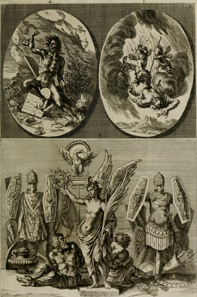 An illustration from Iconologia deorum, oder Abbildung der Götter : welche von den alten verehret Worden ; ais dem Welt-berümtesten Antichen der Griechischen und Römischen Statuen, auch in Marmel, Porfido-Stein, Metall, Agat, Onyx, Sardonich und andren Edelsteinen befindlichen Bildereyen, sorgfältig abgesehen, samt dero eigentlicher Beschreibung und Erklärung der Heidnischen Tempel-Ceremonien, auch Vorbildung der thiere und anderer Sachen, die auf hieroglyphische und emblematische Art, nach Weise der Egyptischen Schrifften, schicklich können vorgebracht und auf einen gewissen Verstand gerichtet werden ; deme allem vorgefügt ist, des durchleuchtigen Palm-Ordens der Hochlöbl. fruchtbringenden Gesellschaft auf dem Parnass aufgestellter ehren-Tempel, 1680, leaf 222