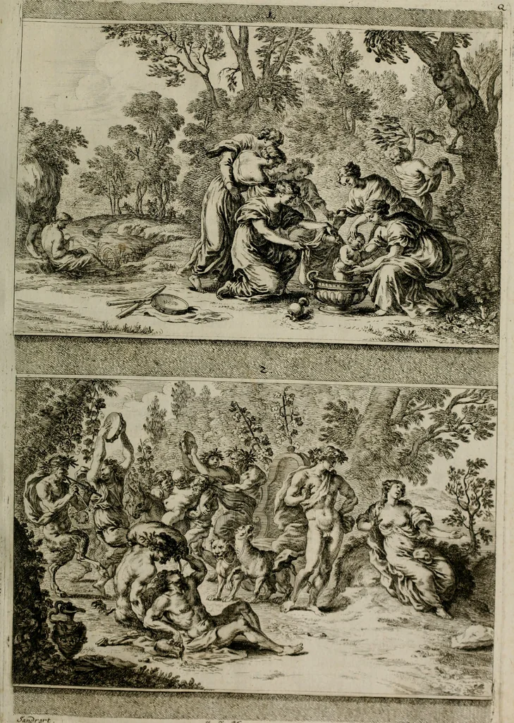 An illustration from Iconologia deorum, oder Abbildung der Götter : welche von den alten verehret Worden ; ais dem Welt-berümtesten Antichen der Griechischen und Römischen Statuen, auch in Marmel, Porfido-Stein, Metall, Agat, Onyx, Sardonich und andren Edelsteinen befindlichen Bildereyen, sorgfältig abgesehen, samt dero eigentlicher Beschreibung und Erklärung der Heidnischen Tempel-Ceremonien, auch Vorbildung der thiere und anderer Sachen, die auf hieroglyphische und emblematische Art, nach Weise der Egyptischen Schrifften, schicklich können vorgebracht und auf einen gewissen Verstand gerichtet werden ; deme allem vorgefügt ist, des durchleuchtigen Palm-Ordens der Hochlöbl. fruchtbringenden Gesellschaft auf dem Parnass aufgestellter ehren-Tempel, 1680, leaf 228