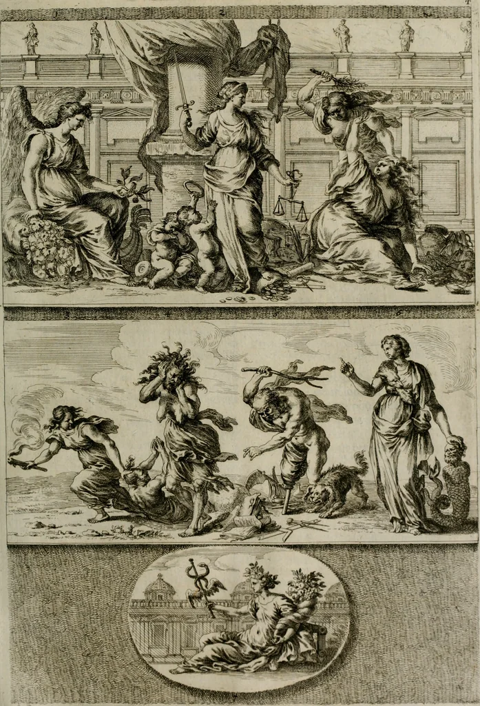 An illustration from Iconologia deorum, oder Abbildung der Götter : welche von den alten verehret Worden ; ais dem Welt-berümtesten Antichen der Griechischen und Römischen Statuen, auch in Marmel, Porfido-Stein, Metall, Agat, Onyx, Sardonich und andren Edelsteinen befindlichen Bildereyen, sorgfältig abgesehen, samt dero eigentlicher Beschreibung und Erklärung der Heidnischen Tempel-Ceremonien, auch Vorbildung der thiere und anderer Sachen, die auf hieroglyphische und emblematische Art, nach Weise der Egyptischen Schrifften, schicklich können vorgebracht und auf einen gewissen Verstand gerichtet werden ; deme allem vorgefügt ist, des durchleuchtigen Palm-Ordens der Hochlöbl. fruchtbringenden Gesellschaft auf dem Parnass aufgestellter ehren-Tempel, 1680, leaf 246