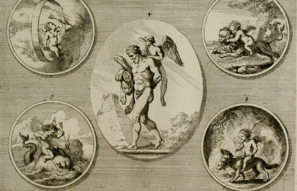 An illustration from Iconologia deorum, oder Abbildung der Götter : welche von den alten verehret Worden ; ais dem Welt-berümtesten Antichen der Griechischen und Römischen Statuen, auch in Marmel, Porfido-Stein, Metall, Agat, Onyx, Sardonich und andren Edelsteinen befindlichen Bildereyen, sorgfältig abgesehen, samt dero eigentlicher Beschreibung und Erklärung der Heidnischen Tempel-Ceremonien, auch Vorbildung der thiere und anderer Sachen, die auf hieroglyphische und emblematische Art, nach Weise der Egyptischen Schrifften, schicklich können vorgebracht und auf einen gewissen Verstand gerichtet werden ; deme allem vorgefügt ist, des durchleuchtigen Palm-Ordens der Hochlöbl. fruchtbringenden Gesellschaft auf dem Parnass aufgestellter ehren-Tempel, 1680, leaf 256