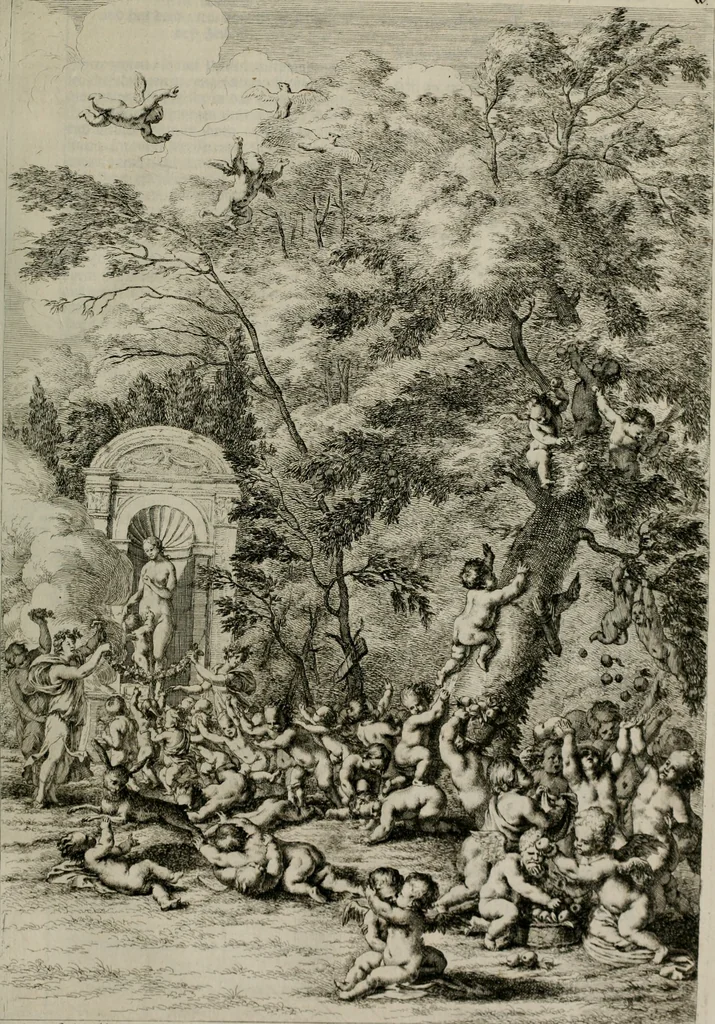 An illustration from Iconologia deorum, oder Abbildung der Götter : welche von den alten verehret Worden ; ais dem Welt-berümtesten Antichen der Griechischen und Römischen Statuen, auch in Marmel, Porfido-Stein, Metall, Agat, Onyx, Sardonich und andren Edelsteinen befindlichen Bildereyen, sorgfältig abgesehen, samt dero eigentlicher Beschreibung und Erklärung der Heidnischen Tempel-Ceremonien, auch Vorbildung der thiere und anderer Sachen, die auf hieroglyphische und emblematische Art, nach Weise der Egyptischen Schrifften, schicklich können vorgebracht und auf einen gewissen Verstand gerichtet werden ; deme allem vorgefügt ist, des durchleuchtigen Palm-Ordens der Hochlöbl. fruchtbringenden Gesellschaft auf dem Parnass aufgestellter ehren-Tempel, 1680, leaf 262