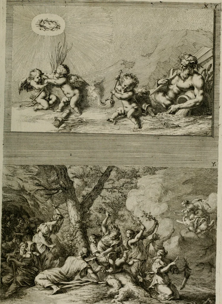 An illustration from Iconologia deorum, oder Abbildung der Götter : welche von den alten verehret Worden ; ais dem Welt-berümtesten Antichen der Griechischen und Römischen Statuen, auch in Marmel, Porfido-Stein, Metall, Agat, Onyx, Sardonich und andren Edelsteinen befindlichen Bildereyen, sorgfältig abgesehen, samt dero eigentlicher Beschreibung und Erklärung der Heidnischen Tempel-Ceremonien, auch Vorbildung der thiere und anderer Sachen, die auf hieroglyphische und emblematische Art, nach Weise der Egyptischen Schrifften, schicklich können vorgebracht und auf einen gewissen Verstand gerichtet werden ; deme allem vorgefügt ist, des durchleuchtigen Palm-Ordens der Hochlöbl. fruchtbringenden Gesellschaft auf dem Parnass aufgestellter ehren-Tempel, 1680, leaf 270