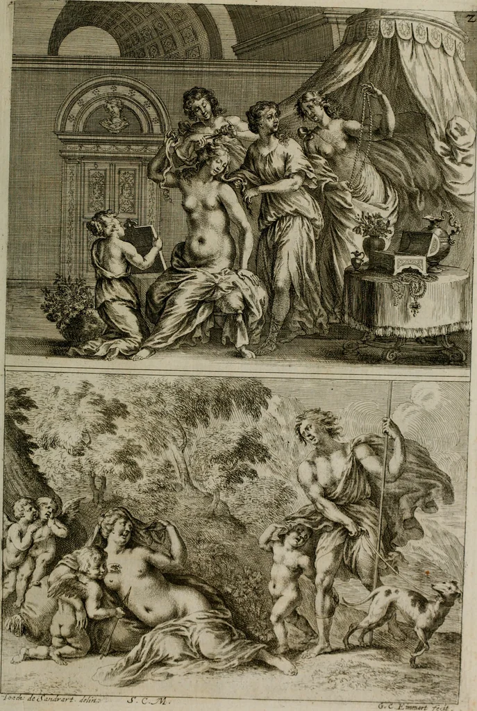 An illustration from Iconologia deorum, oder Abbildung der Götter : welche von den alten verehret Worden ; ais dem Welt-berümtesten Antichen der Griechischen und Römischen Statuen, auch in Marmel, Porfido-Stein, Metall, Agat, Onyx, Sardonich und andren Edelsteinen befindlichen Bildereyen, sorgfältig abgesehen, samt dero eigentlicher Beschreibung und Erklärung der Heidnischen Tempel-Ceremonien, auch Vorbildung der thiere und anderer Sachen, die auf hieroglyphische und emblematische Art, nach Weise der Egyptischen Schrifften, schicklich können vorgebracht und auf einen gewissen Verstand gerichtet werden ; deme allem vorgefügt ist, des durchleuchtigen Palm-Ordens der Hochlöbl. fruchtbringenden Gesellschaft auf dem Parnass aufgestellter ehren-Tempel, 1680, leaf 276