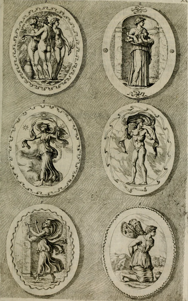 An illustration from Iconologia deorum, oder Abbildung der Götter : welche von den alten verehret Worden ; ais dem Welt-berümtesten Antichen der Griechischen und Römischen Statuen, auch in Marmel, Porfido-Stein, Metall, Agat, Onyx, Sardonich und andren Edelsteinen befindlichen Bildereyen, sorgfältig abgesehen, samt dero eigentlicher Beschreibung und Erklärung der Heidnischen Tempel-Ceremonien, auch Vorbildung der thiere und anderer Sachen, die auf hieroglyphische und emblematische Art, nach Weise der Egyptischen Schrifften, schicklich können vorgebracht und auf einen gewissen Verstand gerichtet werden ; deme allem vorgefügt ist, des durchleuchtigen Palm-Ordens der Hochlöbl. fruchtbringenden Gesellschaft auf dem Parnass aufgestellter ehren-Tempel, 1680, leaf 284