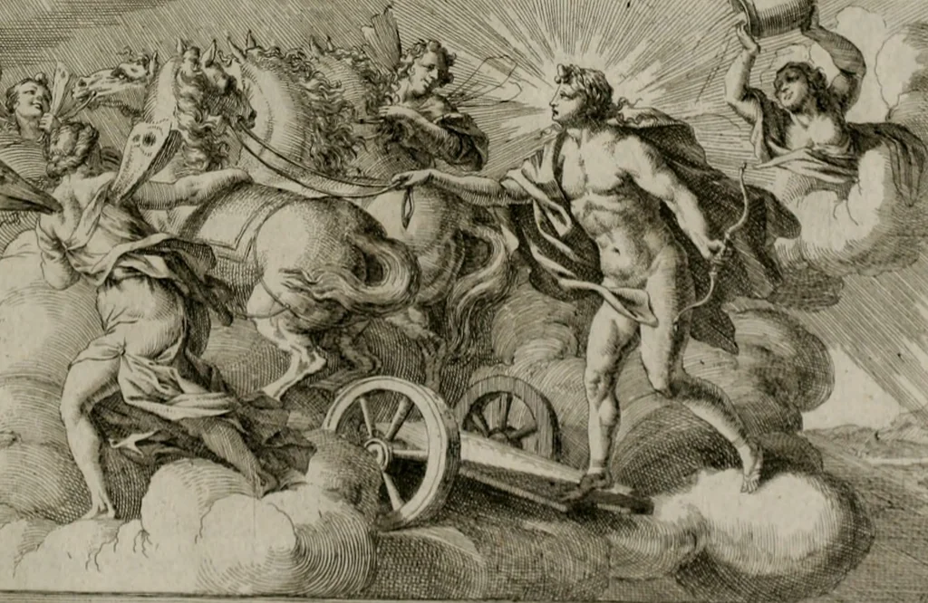 An illustration from Iconologia deorum, oder Abbildung der Götter : welche von den alten verehret Worden ; ais dem Welt-berümtesten Antichen der Griechischen und Römischen Statuen, auch in Marmel, Porfido-Stein, Metall, Agat, Onyx, Sardonich und andren Edelsteinen befindlichen Bildereyen, sorgfältig abgesehen, samt dero eigentlicher Beschreibung und Erklärung der Heidnischen Tempel-Ceremonien, auch Vorbildung der thiere und anderer Sachen, die auf hieroglyphische und emblematische Art, nach Weise der Egyptischen Schrifften, schicklich können vorgebracht und auf einen gewissen Verstand gerichtet werden ; deme allem vorgefügt ist, des durchleuchtigen Palm-Ordens der Hochlöbl. fruchtbringenden Gesellschaft auf dem Parnass aufgestellter ehren-Tempel, 1680, leaf 290