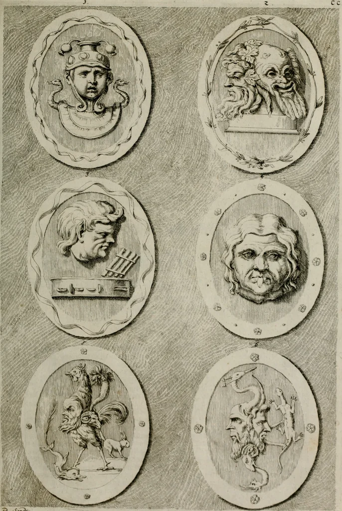 An illustration from Iconologia deorum, oder Abbildung der Götter : welche von den alten verehret Worden ; ais dem Welt-berümtesten Antichen der Griechischen und Römischen Statuen, auch in Marmel, Porfido-Stein, Metall, Agat, Onyx, Sardonich und andren Edelsteinen befindlichen Bildereyen, sorgfältig abgesehen, samt dero eigentlicher Beschreibung und Erklärung der Heidnischen Tempel-Ceremonien, auch Vorbildung der thiere und anderer Sachen, die auf hieroglyphische und emblematische Art, nach Weise der Egyptischen Schrifften, schicklich können vorgebracht und auf einen gewissen Verstand gerichtet werden ; deme allem vorgefügt ist, des durchleuchtigen Palm-Ordens der Hochlöbl. fruchtbringenden Gesellschaft auf dem Parnass aufgestellter ehren-Tempel, 1680, leaf 294
