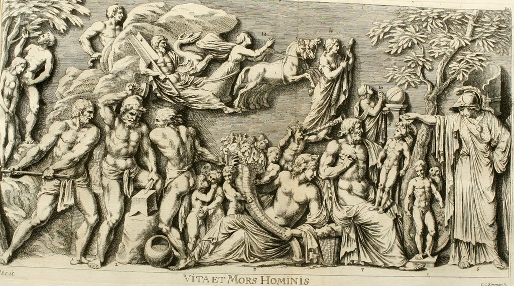An illustration from Iconologia deorum, oder Abbildung der Götter : welche von den alten verehret Worden ; ais dem Welt-berümtesten Antichen der Griechischen und Römischen Statuen, auch in Marmel, Porfido-Stein, Metall, Agat, Onyx, Sardonich und andren Edelsteinen befindlichen Bildereyen, sorgfältig abgesehen, samt dero eigentlicher Beschreibung und Erklärung der Heidnischen Tempel-Ceremonien, auch Vorbildung der thiere und anderer Sachen, die auf hieroglyphische und emblematische Art, nach Weise der Egyptischen Schrifften, schicklich können vorgebracht und auf einen gewissen Verstand gerichtet werden ; deme allem vorgefügt ist, des durchleuchtigen Palm-Ordens der Hochlöbl. fruchtbringenden Gesellschaft auf dem Parnass aufgestellter ehren-Tempel, 1680, leaf 299