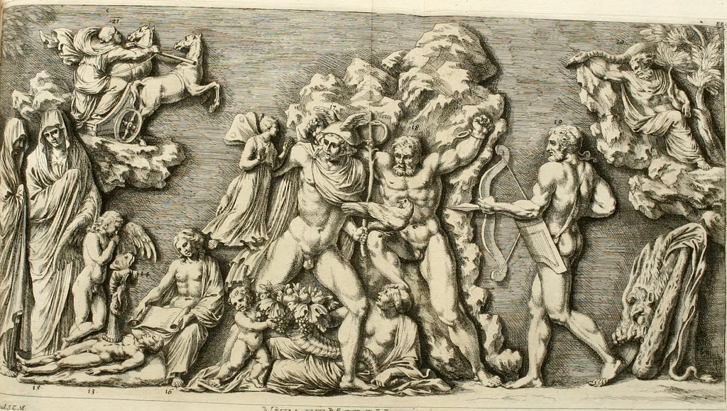 An illustration from Iconologia deorum, oder Abbildung der Götter : welche von den alten verehret Worden ; ais dem Welt-berümtesten Antichen der Griechischen und Römischen Statuen, auch in Marmel, Porfido-Stein, Metall, Agat, Onyx, Sardonich und andren Edelsteinen befindlichen Bildereyen, sorgfältig abgesehen, samt dero eigentlicher Beschreibung und Erklärung der Heidnischen Tempel-Ceremonien, auch Vorbildung der thiere und anderer Sachen, die auf hieroglyphische und emblematische Art, nach Weise der Egyptischen Schrifften, schicklich können vorgebracht und auf einen gewissen Verstand gerichtet werden ; deme allem vorgefügt ist, des durchleuchtigen Palm-Ordens der Hochlöbl. fruchtbringenden Gesellschaft auf dem Parnass aufgestellter ehren-Tempel, 1680, leaf 301