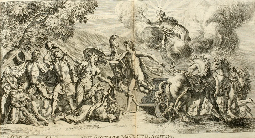 An illustration from Iconologia deorum, oder Abbildung der Götter : welche von den alten verehret Worden ; ais dem Welt-berümtesten Antichen der Griechischen und Römischen Statuen, auch in Marmel, Porfido-Stein, Metall, Agat, Onyx, Sardonich und andren Edelsteinen befindlichen Bildereyen, sorgfältig abgesehen, samt dero eigentlicher Beschreibung und Erklärung der Heidnischen Tempel-Ceremonien, auch Vorbildung der thiere und anderer Sachen, die auf hieroglyphische und emblematische Art, nach Weise der Egyptischen Schrifften, schicklich können vorgebracht und auf einen gewissen Verstand gerichtet werden ; deme allem vorgefügt ist, des durchleuchtigen Palm-Ordens der Hochlöbl. fruchtbringenden Gesellschaft auf dem Parnass aufgestellter ehren-Tempel, 1680, leaf 309