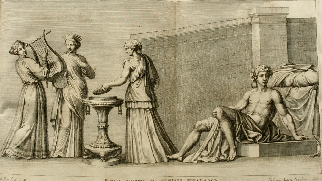 An illustration from Iconologia deorum, oder Abbildung der Götter : welche von den alten verehret Worden ; ais dem Welt-berümtesten Antichen der Griechischen und Römischen Statuen, auch in Marmel, Porfido-Stein, Metall, Agat, Onyx, Sardonich und andren Edelsteinen befindlichen Bildereyen, sorgfältig abgesehen, samt dero eigentlicher Beschreibung und Erklärung der Heidnischen Tempel-Ceremonien, auch Vorbildung der thiere und anderer Sachen, die auf hieroglyphische und emblematische Art, nach Weise der Egyptischen Schrifften, schicklich können vorgebracht und auf einen gewissen Verstand gerichtet werden ; deme allem vorgefügt ist, des durchleuchtigen Palm-Ordens der Hochlöbl. fruchtbringenden Gesellschaft auf dem Parnass aufgestellter ehren-Tempel, 1680, leaf 313