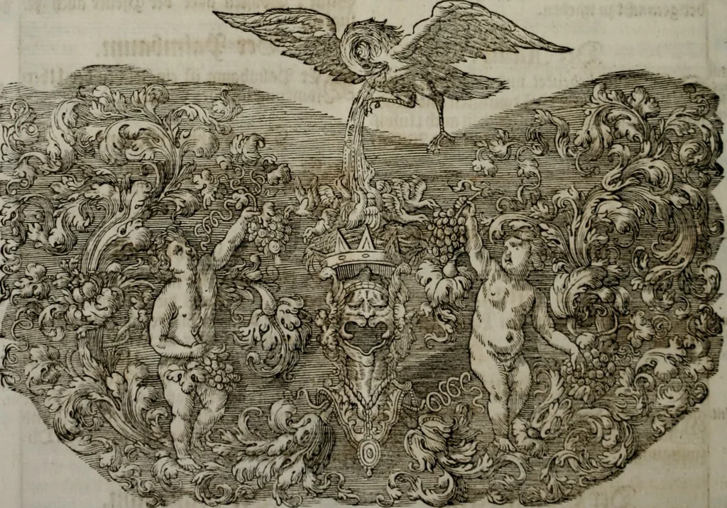 An illustration from Iconologia deorum, oder Abbildung der Götter : welche von den alten verehret Worden ; ais dem Welt-berümtesten Antichen der Griechischen und Römischen Statuen, auch in Marmel, Porfido-Stein, Metall, Agat, Onyx, Sardonich und andren Edelsteinen befindlichen Bildereyen, sorgfältig abgesehen, samt dero eigentlicher Beschreibung und Erklärung der Heidnischen Tempel-Ceremonien, auch Vorbildung der thiere und anderer Sachen, die auf hieroglyphische und emblematische Art, nach Weise der Egyptischen Schrifften, schicklich können vorgebracht und auf einen gewissen Verstand gerichtet werden ; deme allem vorgefügt ist, des durchleuchtigen Palm-Ordens der Hochlöbl. fruchtbringenden Gesellschaft auf dem Parnass aufgestellter ehren-Tempel, 1680, leaf 325