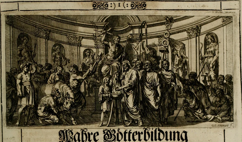 An illustration from Iconologia deorum, oder Abbildung der Götter : welche von den alten verehret Worden ; ais dem Welt-berümtesten Antichen der Griechischen und Römischen Statuen, auch in Marmel, Porfido-Stein, Metall, Agat, Onyx, Sardonich und andren Edelsteinen befindlichen Bildereyen, sorgfältig abgesehen, samt dero eigentlicher Beschreibung und Erklärung der Heidnischen Tempel-Ceremonien, auch Vorbildung der thiere und anderer Sachen, die auf hieroglyphische und emblematische Art, nach Weise der Egyptischen Schrifften, schicklich können vorgebracht und auf einen gewissen Verstand gerichtet werden ; deme allem vorgefügt ist, des durchleuchtigen Palm-Ordens der Hochlöbl. fruchtbringenden Gesellschaft auf dem Parnass aufgestellter ehren-Tempel, 1680, leaf 54