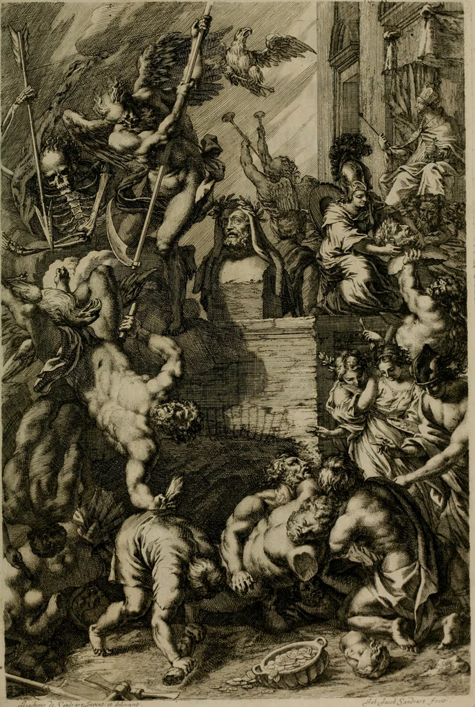 An illustration from Iconologia deorum, oder Abbildung der Götter : welche von den alten verehret Worden ; ais dem Welt-berümtesten Antichen der Griechischen und Römischen Statuen, auch in Marmel, Porfido-Stein, Metall, Agat, Onyx, Sardonich und andren Edelsteinen befindlichen Bildereyen, sorgfältig abgesehen, samt dero eigentlicher Beschreibung und Erklärung der Heidnischen Tempel-Ceremonien, auch Vorbildung der thiere und anderer Sachen, die auf hieroglyphische und emblematische Art, nach Weise der Egyptischen Schrifften, schicklich können vorgebracht und auf einen gewissen Verstand gerichtet werden ; deme allem vorgefügt ist, des durchleuchtigen Palm-Ordens der Hochlöbl. fruchtbringenden Gesellschaft auf dem Parnass aufgestellter ehren-Tempel, 1680, leaf 6