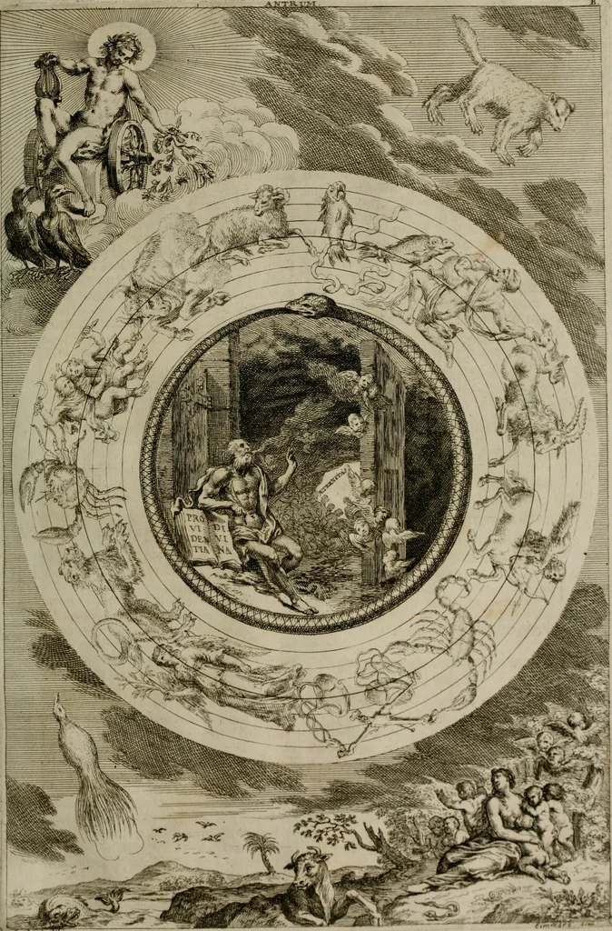 An illustration from Iconologia deorum, oder Abbildung der Götter : welche von den alten verehret Worden ; ais dem Welt-berümtesten Antichen der Griechischen und Römischen Statuen, auch in Marmel, Porfido-Stein, Metall, Agat, Onyx, Sardonich und andren Edelsteinen befindlichen Bildereyen, sorgfältig abgesehen, samt dero eigentlicher Beschreibung und Erklärung der Heidnischen Tempel-Ceremonien, auch Vorbildung der thiere und anderer Sachen, die auf hieroglyphische und emblematische Art, nach Weise der Egyptischen Schrifften, schicklich können vorgebracht und auf einen gewissen Verstand gerichtet werden ; deme allem vorgefügt ist, des durchleuchtigen Palm-Ordens der Hochlöbl. fruchtbringenden Gesellschaft auf dem Parnass aufgestellter ehren-Tempel, 1680, leaf 64