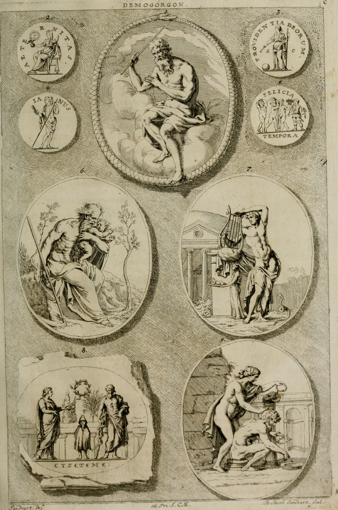 An illustration from Iconologia deorum, oder Abbildung der Götter : welche von den alten verehret Worden ; ais dem Welt-berümtesten Antichen der Griechischen und Römischen Statuen, auch in Marmel, Porfido-Stein, Metall, Agat, Onyx, Sardonich und andren Edelsteinen befindlichen Bildereyen, sorgfältig abgesehen, samt dero eigentlicher Beschreibung und Erklärung der Heidnischen Tempel-Ceremonien, auch Vorbildung der thiere und anderer Sachen, die auf hieroglyphische und emblematische Art, nach Weise der Egyptischen Schrifften, schicklich können vorgebracht und auf einen gewissen Verstand gerichtet werden ; deme allem vorgefügt ist, des durchleuchtigen Palm-Ordens der Hochlöbl. fruchtbringenden Gesellschaft auf dem Parnass aufgestellter ehren-Tempel, 1680, leaf 68
