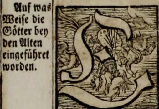 An illustration from Iconologia deorum, oder Abbildung der Götter : welche von den alten verehret Worden ; ais dem Welt-berümtesten Antichen der Griechischen und Römischen Statuen, auch in Marmel, Porfido-Stein, Metall, Agat, Onyx, Sardonich und andren Edelsteinen befindlichen Bildereyen, sorgfältig abgesehen, samt dero eigentlicher Beschreibung und Erklärung der Heidnischen Tempel-Ceremonien, auch Vorbildung der thiere und anderer Sachen, die auf hieroglyphische und emblematische Art, nach Weise der Egyptischen Schrifften, schicklich können vorgebracht und auf einen gewissen Verstand gerichtet werden ; deme allem vorgefügt ist, des durchleuchtigen Palm-Ordens der Hochlöbl. fruchtbringenden Gesellschaft auf dem Parnass aufgestellter ehren-Tempel, 1680, leaf 77