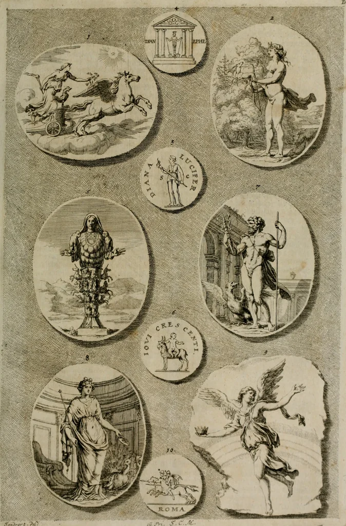 An illustration from Iconologia deorum, oder Abbildung der Götter : welche von den alten verehret Worden ; ais dem Welt-berümtesten Antichen der Griechischen und Römischen Statuen, auch in Marmel, Porfido-Stein, Metall, Agat, Onyx, Sardonich und andren Edelsteinen befindlichen Bildereyen, sorgfältig abgesehen, samt dero eigentlicher Beschreibung und Erklärung der Heidnischen Tempel-Ceremonien, auch Vorbildung der thiere und anderer Sachen, die auf hieroglyphische und emblematische Art, nach Weise der Egyptischen Schrifften, schicklich können vorgebracht und auf einen gewissen Verstand gerichtet werden ; deme allem vorgefügt ist, des durchleuchtigen Palm-Ordens der Hochlöbl. fruchtbringenden Gesellschaft auf dem Parnass aufgestellter ehren-Tempel, 1680, leaf 92