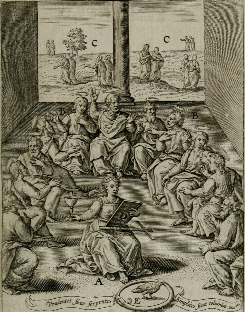 An illustration from Christeliicken waerseggher : de principale stucken van t'Christen geloof en Leuen int cort begrijpende : met een rolle der deugtsaemheyt daer op dienende : ende een schildt-wacht teghen de valsche waersegghers, tooueraers, etc., 1603, leaf 104